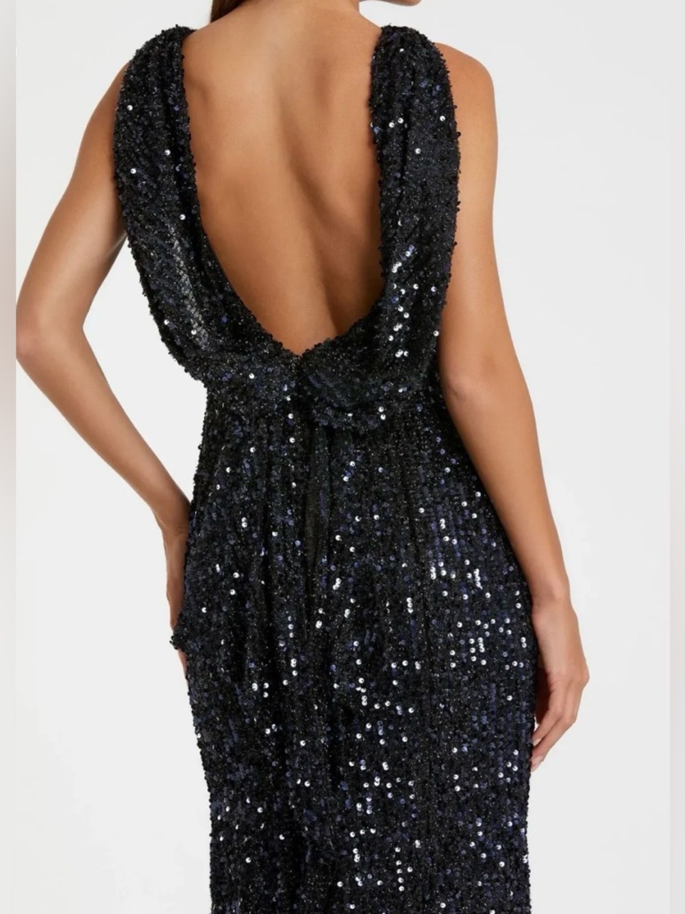 Ieena Sequined Sleeveless Draped Cowl Back Elegant Black Sequin Evening Gown NWT - Picture 2 of 8